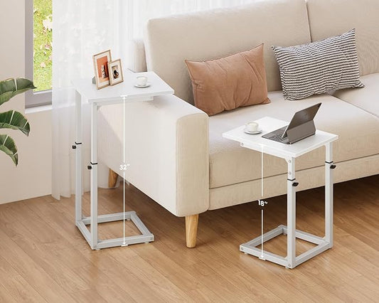 Vagusicc C Shaped End Table, 33" Tall Couch Table Adjustable Height Side Table, Sofa Table That Slide Under, C Table End Table TV Tray Coffee Arm Table for Living Room, Bedroom, Small Spaces, White