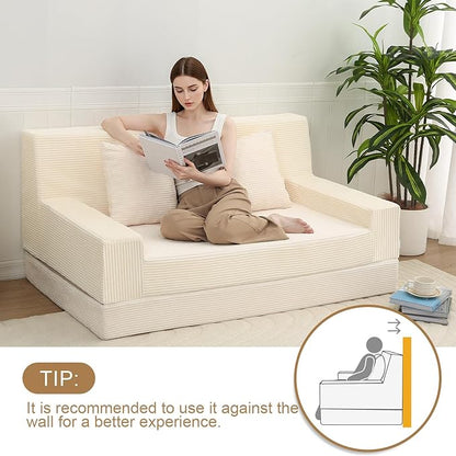 MeMoreCool Boneless Folding Sofa Bed Queen, Corduroy Convertible Sleeper Chair, Foldable Foam Mattress Chair, Comfy Fold‑Out Futon Couch Bed, Large Floor Sofa Couch for Living Room Guest