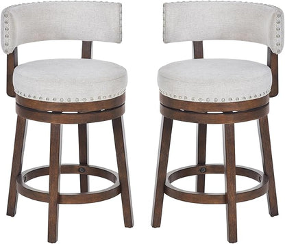 COLAMY Swivel Bar Stool Set of 2, Modern Swivel Barstool with Back, Counter Height Bar Stools, 25 Inch Upholstered Wood Barstool for Kitchen Island Dining Room Bar, Beige