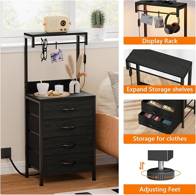 Furnulem Tall Nightstand with Charging Station, Night Stands with LED Lights and Storage Shelves, Bed Side Table for Bedroom, Hallway, Office, 4 Fabric Drawers (Black Oak)