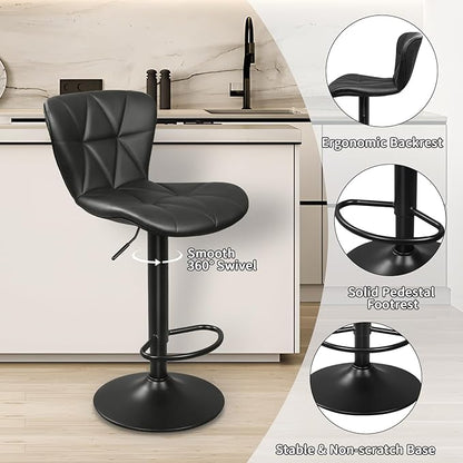 Bar Stools Set of 2, Adjustable Swivel Bar Chairs with Shell Back, PU Leather Counter Height Bar Stools for Kitchen lsland, Black