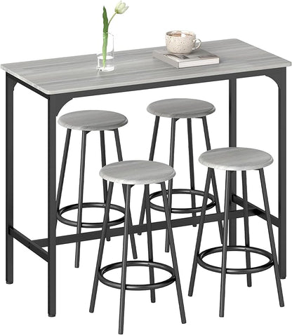 HOMCOM 5-Piece Counter Height Bar Table Set, Rustic 43.25" Dining Table with 4 Bar Stools, Kitchen Table with Wooden Top for Pub, Dining Room, Gray