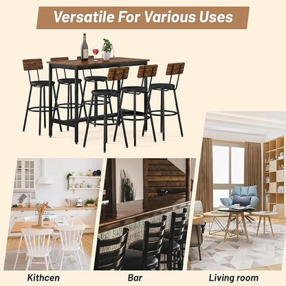 Dining Table Set for 6, 7-Piece Bar Table Set, Kitchen Table and Chairs, Counter Height High Top Table with 6 PU Upholstered Stools, Space-Saving Pub Tables Set for Small Space, Brown