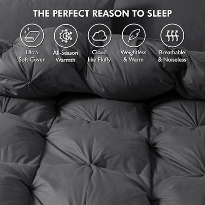Luxurious All-Season Goose Down Feather Fiber Comforter Super King Size Duvet Insert (120x120), Exquisite Pinch Pleat Design- Gray, Premium Baffle Box, 100% Egyptian Cotton Cover, 85 oz. Fill Weight