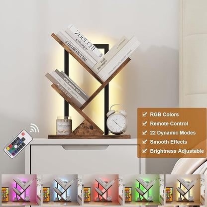 Tree Bookshelf with LED Lights, 3 Tier Floor Standing Bookcase, Classical Corner Shelf Kids Bookshelf, Tall Wood Book Storage for Bedroom, Living Room, Home Office, Brown