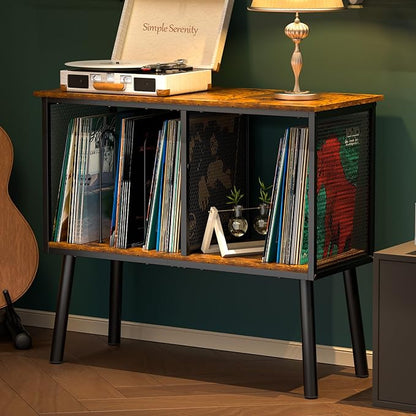 Record Player Stand with Adjustable Divider, Vinyl Storage Holder Up to 200 Albums, Mid-Century Large Record Player Table, Vinyl Holder Turntable Stand End Table Storage Rack for Bedroom & Living Room