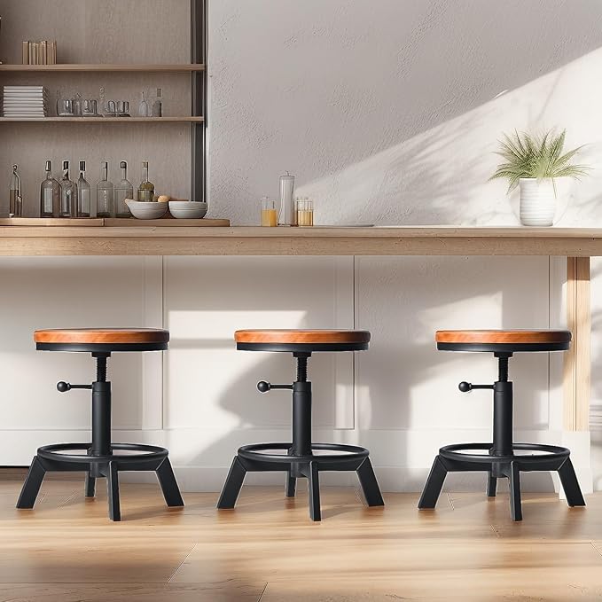 Set of 2 Industrial Bar Stools Short Stool Swivel Wooden Seat Kitchen Island Chairs Counter Height Adjustable 15.2-21inch