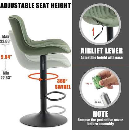 YOUNIKE Bar Stools Set of 2 Modern Swivel Counter Height Bar Chair with Back Adjustable Kitchen Island Faux Leather Padded Barstool Olive Green taburetes de bar Breakfast sillas para barra de cocina