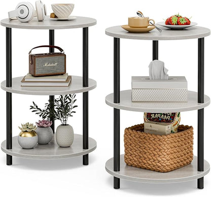 Small Round End Table - 3 Tier Design Accent Table, Narrow Side or Bedside Stand, Industrial Vintage Nightstand for Bedroom, Living Room, or Small Spaces, Set of 2, Greige