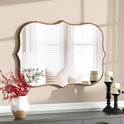 SHYFOY Antique Gold Mirrors for Wall Decor Decorative Wall Mirror Large 25" L x 36" W, Asymmetrical Wavy Accent Mirror with Scalloped Wood Frame, Bronze Farmhouse Traditional Mirror
