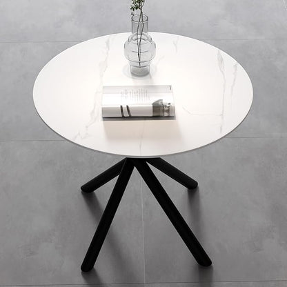 White Marble Round Dining Table with Black Metal Legs, 32 in Modern Sintered Stone Kitchen Table Circle Table for Dining Room Kitchen