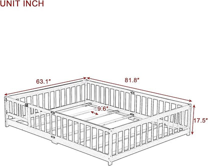 Queen Size Floor Bed Frame with Slats and Safety Guardrail, Wood Queen Size Montessori Floor Bed with Door and Fence, Easy Assemble Montessori Beds for Kids, Girls, Boys, Espresso
