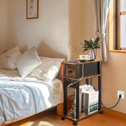 Side Table with Charging Station and Drawer, Narrow End Table with USB Ports and Outlets for Small Space, Living Room, Bedroom and Office, with 4 Wheels (1, Rustic Brown + Black)