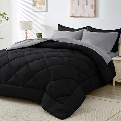 HEVUMYI King Comforter Set - 7-Piece All Season Bed in a Bag King, Ultra Soft Bedding Set with Comforter, Flat Sheet, Fitted Sheet, Pillowcases, Pillow Shams, Black & Light Grey