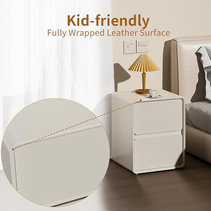 VICITON Modern Narrow Faux Leather Nightstand, Solid Wood Drawer, Storage Accent Table, Small Side End Table for Bedroom (Cream White, Large(15.7inch))