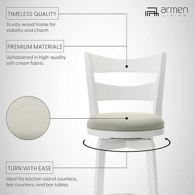 Armen Living Blair 26 in. Matte White Counter Height Rubberwood Swivel Barstool with Fog Fabric Seat - Set of 2