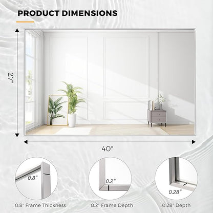 27x40 Inch Nickel Bathroom Mirror for Wall, Aluminum Frame Rectangle Rectangular Vanity Mirror, Modern Large for Bedroom, Living Room, Horizontal or Vertical
