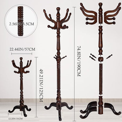 Coat Rack Stand, Solid Wooden Coat Tree with 11 Hooks, Heavy Duty Coat Rack Freestanding with Sturdy Round Base, Natural Birch Wood Coat Hanger Stand for Entryway Bedroom (triangles)