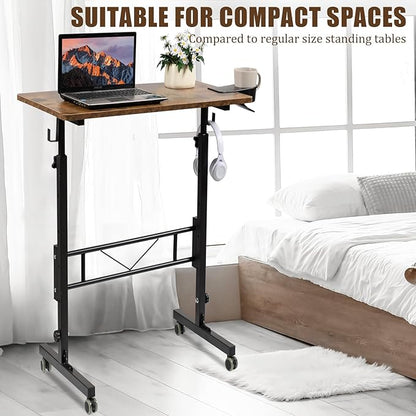 SIDUCAL Standing Desk Adjustable Height, Small Mobile Stand Up Desk with Wheels, Portable Computer Desk for Walking Pad, Rolling Table for Home Office Classroom, Rustic Brown