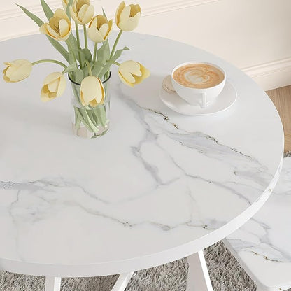VECELO Small Round Dining Table Set for 2, Wood Tabletop with Strong Metal Frame, Modern Dinette with Chairs for Kitchen, Breakfast Nook Living Room, Faux Marbled & White