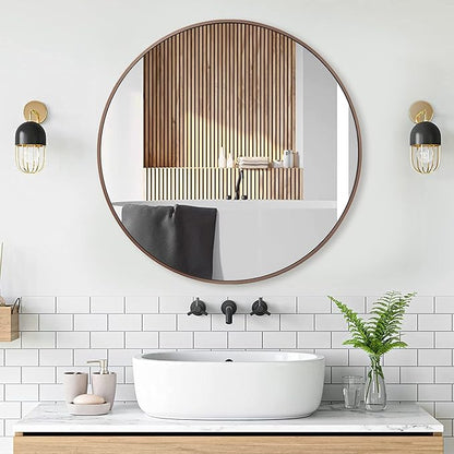 24 inch Circle Wall Mirror, Brushed Bronze Metal Framed Round Mirror for Bathroom Vanity, Bedroom Decor, Living Room, Entryway