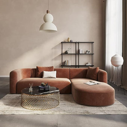 Acanva Luxury Modern Tight Curved Back Velvet Sofa, Minimalist Style Comfy Couch for Living Room Apartment, L-Shape Right Chaise, Tangerine