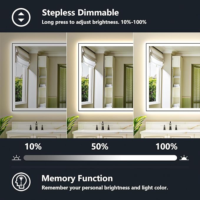 72x36 Inch LED Bathroom Mirror with Lights (Front Lit and Backlit) Black Framed Lighted Vanity Mirror for Bathroom Wall Dimmable Anti-Fog Memory Tempered Glass Horizontal/Vertical