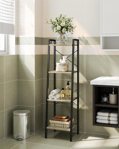 Ladder Shelf, Bookshelf Bookcase, Freestanding Corner Storage Shelve with 2 Hooks for Home Office, Living Room, Kitchen, Bedroom, Industrial, 4-Tier Greige BC13205B