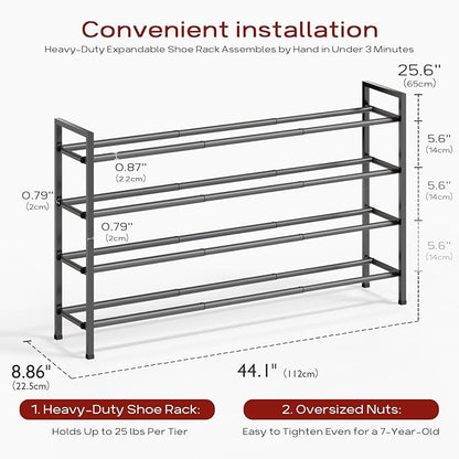 Bumusty 4-Tier Long Expandable Shoe Rack for Closet, 18"-44" Adjustable Shoe Rack for Small Space, Small Shoe Organizer for Front Door, Sturdy Metal, Grey