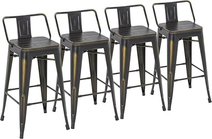 Yongchuang 24" Industrial Metal Barstools Set of 4 Counter Height Bar Stools with Back (24" Seat Height Wood Top Low Back, Distressed Gold)