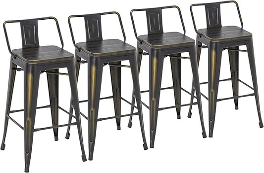 Yongchuang 24" Industrial Metal Barstools Set of 4 Counter Height Bar Stools with Back (24" Seat Height Wood Top Low Back, Distressed Gold)