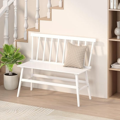 Bamboo Dining Bench, Wooden White Entryway Bench with Spindle Back Farmhouse Wood Windsor for Foyer Balcony Living Room Comfortable Winsor Chair Benches for Home