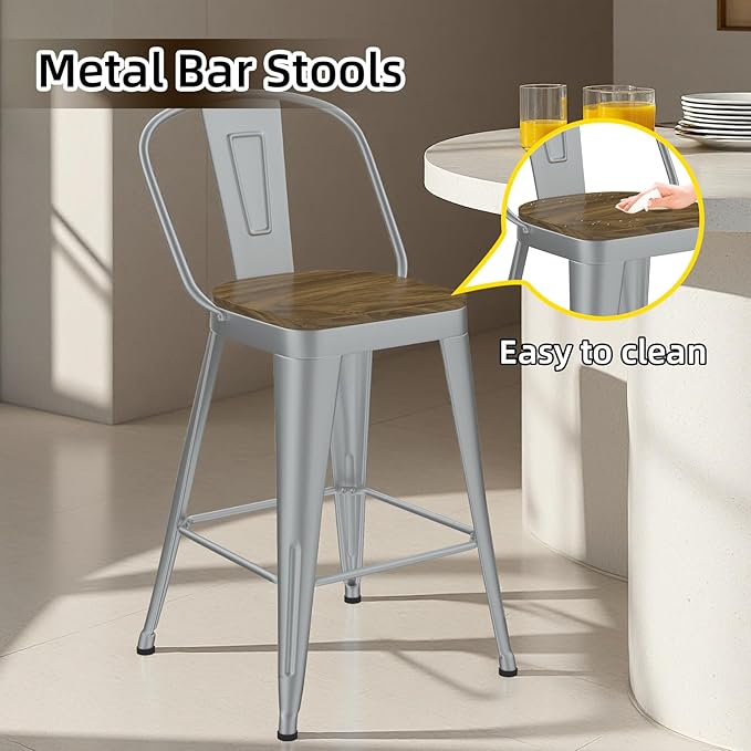 Metal Bar Stools Set of 4, High Back Bar Stools with Wooden Seat, 30 inch Silver Barstools for Kitchen Island