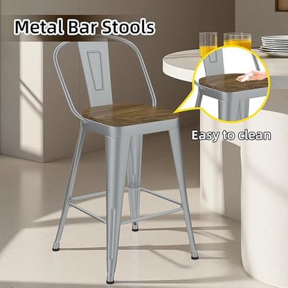 Metal Bar Stools Set of 4, High Back Bar Stools with Wooden Seat, 30 inch Silver Barstools for Kitchen Island