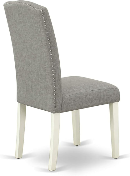 East West Furniture SHEN3-LWH-06 3 Piece Dining Set Contains a Round Kitchen Table with Pedestal and 2 Dark Shitake Linen Fabric Parson Dining Chairs, 42x42 Inch, Linen White
