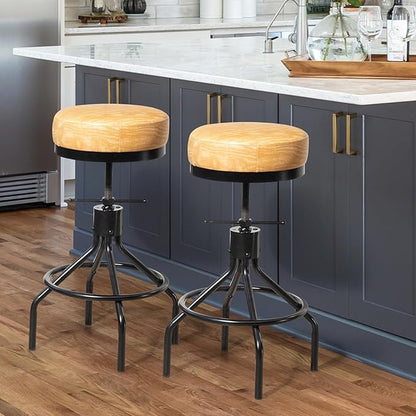 Swivel Bar Stools Adjustable Swivel Barstools Modern PU Leather 28inch Round Backless Counter Height Stool Metal Industrial Bar Chair for Kitchen Island (1, Ash Wood PU Leather)