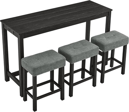 Ball & Cast 4 Piece Kitchen Dining Room Table and Chairs Set, Farmhouse Wooden Counter Height Bar-Sets w/USB Ports & Power Outlet & 3pcs Stools, 59" Sofa-Table Barstool w/Charging Station, Black