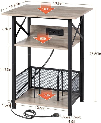 AMHANCIBLE Record Player Stand with Charging Station, Large Turntable with Storage Cabinet holds up to 100 Albums, 3 Tier End Table for Vinyl, Living Room, Grey, HETCD012GY-1
