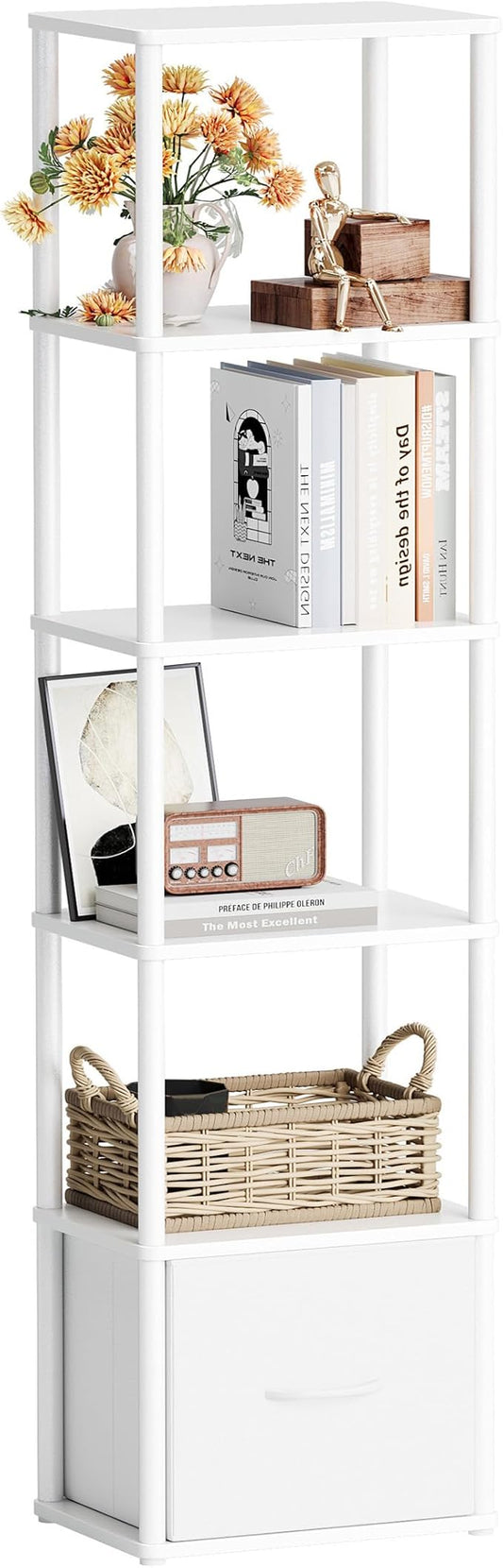 6-Tier Bookshelf with Drawer,Narrow Bookshelves Organizer,Floor Standing Ladder Shelf,Tall Bookcase for Small Space,Book shelf with Storage for Living Room, Bedroom, Office, Study White HBC505W