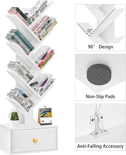 8 Tier Tree Bookshelf with Drawer, Free Standing Wood Bookcase for Living Room, Bedroom, Home Office, Space Saving Storage Organizer Bookshelves for Books, CDs, Vinyl Records- White