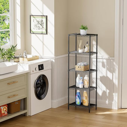 SINGAYE 5 Tier Shelf Wire Shelving Adjustable Storage Shelves Rack Standing Units for Kitchen Closet Laundry Bathroom Organizers Metal Pantry Narrow Mesh Gaps 10" D x 16" W x 55" H Black