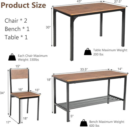 Tangkula Dining Table Set for 4, Kitchen Table and 2 Chairs for 4 with Bench, 4 Piece Dining Table Set for Small Space, Apartment