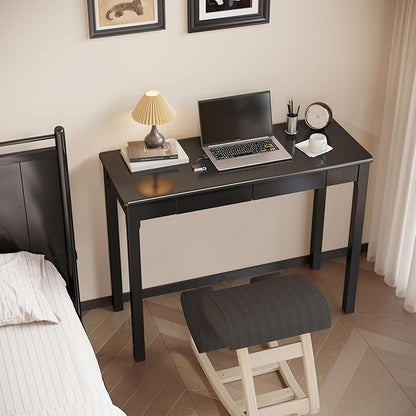 Solid Wood Desk with Drawers - 39 x 16 Inch Modern Narrow Desks, Rubber Wood Study Table, Small Writing Desk for Small Spaces|Bedroom - Black Desks