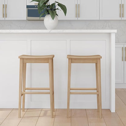 Plank+Beam Smythe Bar Stool, 30", Set of 4, Sturdy Wood Modern Kitchen Bar Height Stool, Saddle Seat Backless Bar Chair, Metal Footrest, Blonde