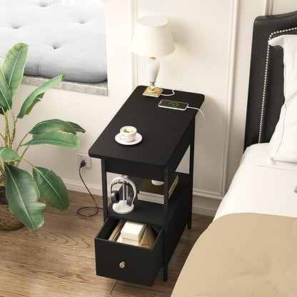 SOOWERY End Table with Charging Station, Narrow Side Table with Flip Top Cabinet and Fabric Drawer, Nightstand Bedside Tables for Small Spaces, Bedroom, Living Room, Black