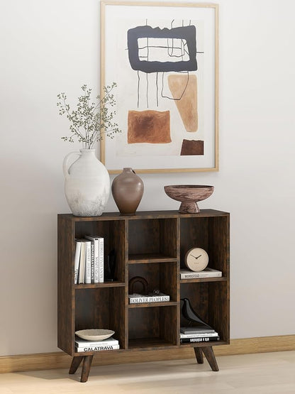 Manora Rustic Brown 7 Cube Mid Century Modern Bookshelf, Wooden Storage Organizer with Open Shelves, Retro Bookcase for Living Room, Bedroom, Home Office