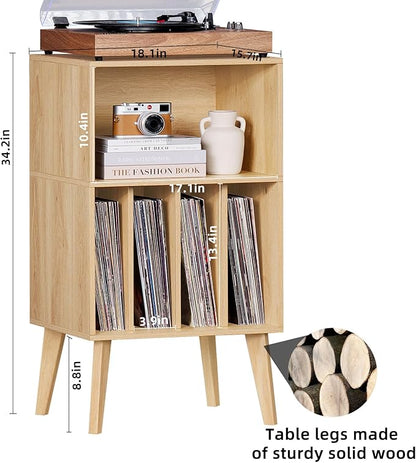 Lerliuo Record Player Stand, Burlywood Turntable Stand Holds up to 160 Albums, Mid-Century Vinyl Storage Cabinet Table with Solid Wood Legs, Record Player Holder Dispaly Shelf for Bedroom Living Room