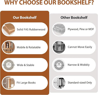 Solid Wood Rotating Bookshelf on Wheels, 4 Tier, Round Revolving Bookcase, 360° Spinning Book Shelf Tower for Kids, Narrow Rolling Bookshelves for Small Space, Corner, Bedroom, Office, Natural
