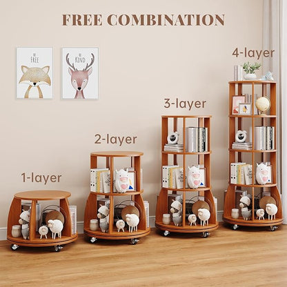 4 Tier Rotating Bookshelf with Brake Wheels, 360° Spinning Bookcase, Vertical Floor Standing Revolving Bookshelf Organizer for Small Spaces, Corner, Living Room, Bedroom, Rustic Brown