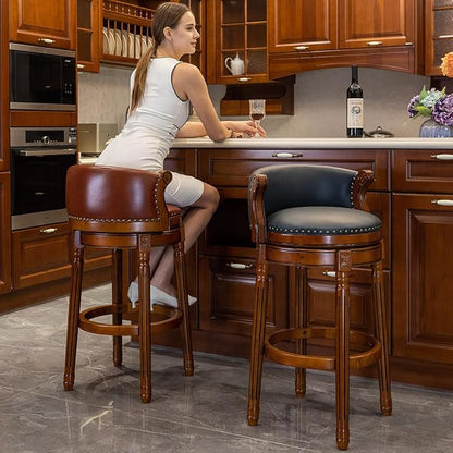 Cow top Leather Wooden Bar Stools, 29.5" Bar Height Bar Chair with Back, 180 Degrees Swivel Barstools Chair for Home Kitchen Counter,Dining Room, Restaurant,Study and Pub,1pc (Dark Blue)
